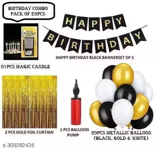 appy Birthday Combo Kit with Happy Birthday Black Banner + 2 Golden Curtain + Golden Black And White Hd Metallic Balloon Pack Of 20 + And Megic Candle+Ribben+Pump Free For Decoration Item