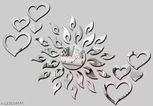 Sun with Love Heart Silver 2 SET (Sun Size 45 cm x 45 cm) mirror stickers for wall, acrylic mirror wall decor sticker.