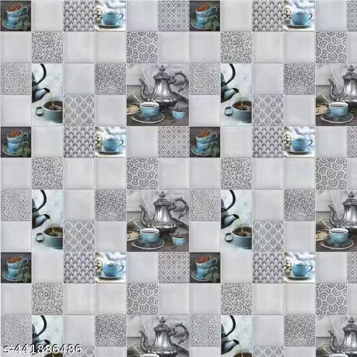 KWES _Buy 1 Get 3 Kitchen Wallpaper Pack Of 4 Wallpaper For Kitchen Wall | Cup Plate Wallpaper | Wall Sticker For Kitchen | WaterProof Oil Proof Wallpaper Grey Kitchen Ketli Wallpaper