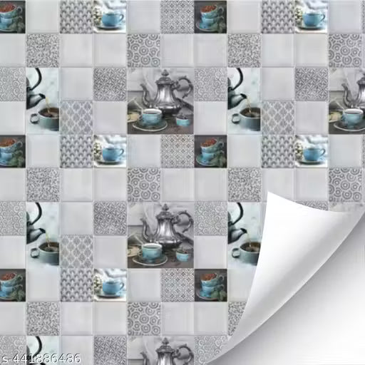 KWES _Buy 1 Get 3 Kitchen Wallpaper Pack Of 4 Wallpaper For Kitchen Wall | Cup Plate Wallpaper | Wall Sticker For Kitchen | WaterProof Oil Proof Wallpaper Grey Kitchen Ketli Wallpaper
