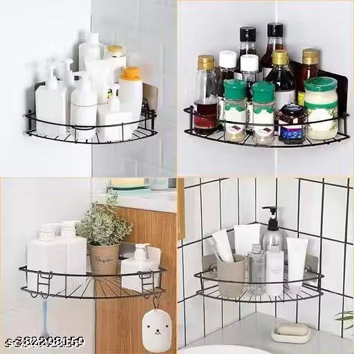 (Pack Of 2) Self-Adhesive Metal Kitchen and Bathroom Corner Rack Storage Shelves Shelf Organizer Storage Stainless Steel Wall Shelf Corner-Black Bath Shelves