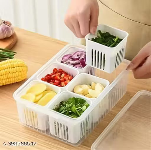 6 Grid Fridge Storage box with Lid and 6 Drain Compartment, Freezer Storage Box