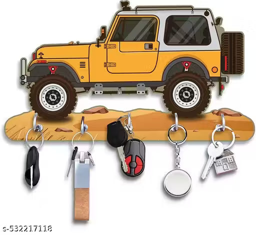Yellow Thar Printed Key Holder For Home And Office Decor Wood Key Holder (5 Hooks, Multicolor) JD KH-CAR