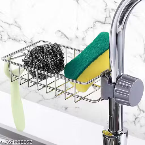 Kitchen Adjustable Sink Faucet Shelf Stainless Steel Drain Rack for Soap, Sponge, Clip Hanging Holder Dishcloth, Towel Rack, SILVER, 15 x 10 5 cm For Kitchen, Bathroom and Home