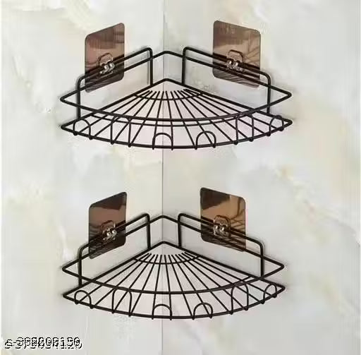 (Pack Of 2) Self-Adhesive Metal Kitchen and Bathroom Corner Rack Storage Shelves Shelf Organizer Storage Stainless Steel Wall Shelf Corner-Black Bath Shelves