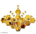 PLOUF 14 Hexagon with 10 buterfly golden Acrylic Mirror Wall Stickers for hall room, bed room, Kitchen