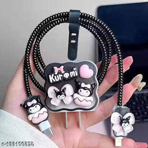 KNJ Kuromi 3D Cartoon Charger Cover | iOS Starter Adapter & Cable Protector | Cute Black & Pink Design