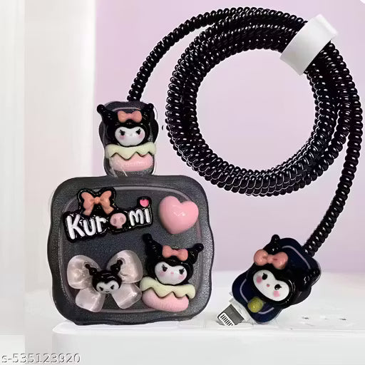 KNJ Kuromi 3D Cartoon Charger Cover | iOS Starter Adapter & Cable Protector | Cute Black & Pink Design