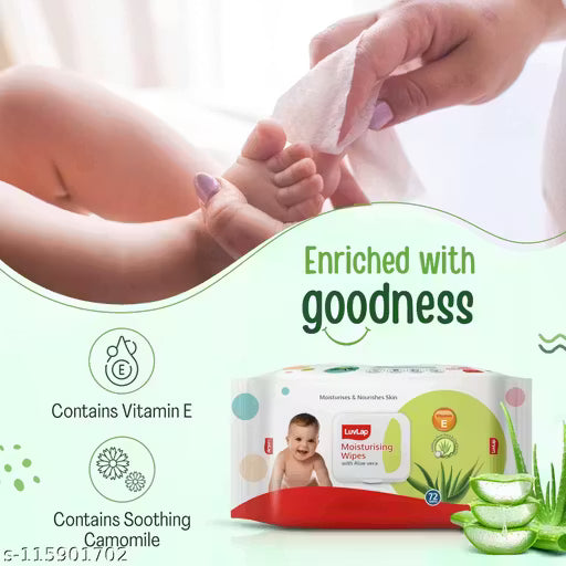LuvLap Baby Moisturising Wipes with Aloe Vera, (72 wipes/pack with Lid Pack of 2)