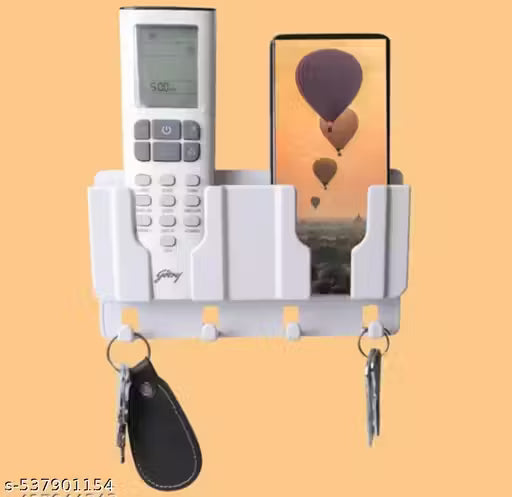 Plastic Wall Mount Mobile Holder with Remote Control Storage Racks, Key Hanger, Pen Holder Space/Self-Adhesive/Multi Purpose Accessories (White)