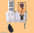 Plastic Wall Mount Mobile Holder with Remote Control Storage Racks, Key Hanger, Pen Holder Space/Self-Adhesive/Multi Purpose Accessories (White)