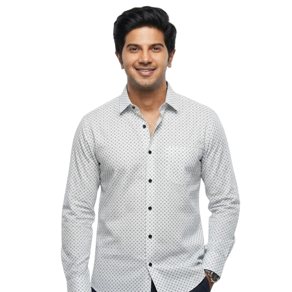 Shopia Men’s White & Grey Geometric Micro-Print Premium Cotton Shirt