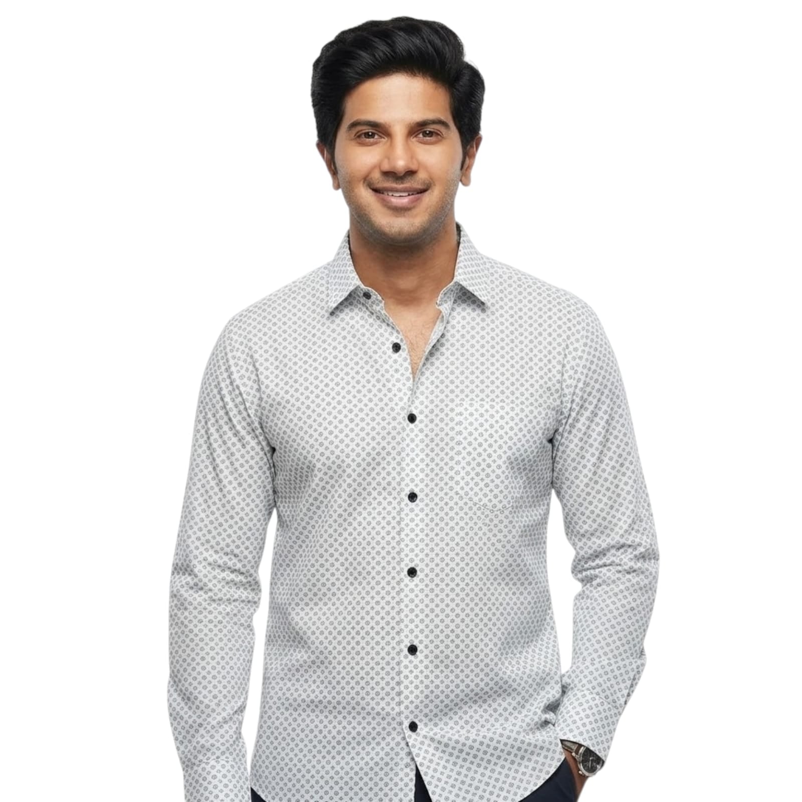 Shopia Men’s White & Grey Geometric Micro-Print Premium Cotton Shirt