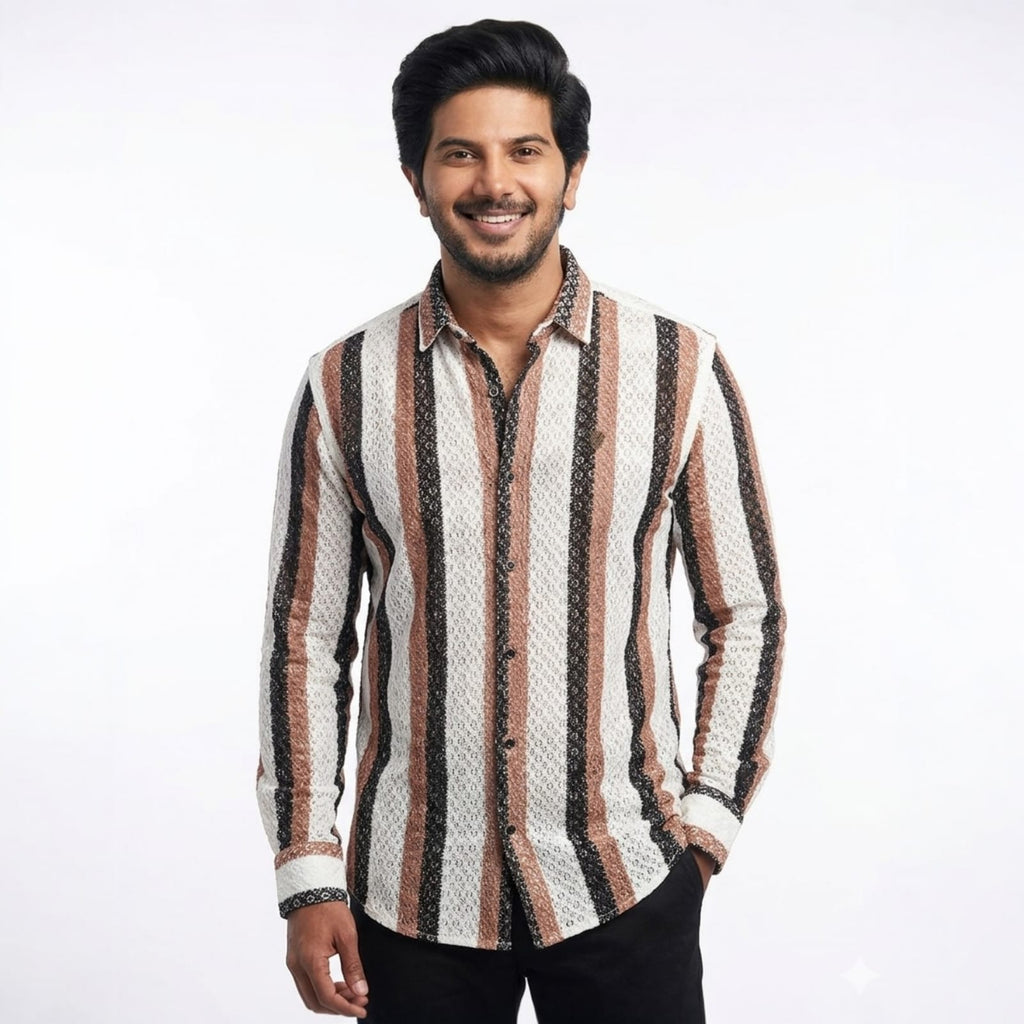 Shopia Men Relaxed Fit Spread Collar Vertical Stripped Casual Shirt