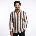 Shopia Men Relaxed Fit Spread Collar Vertical Stripped Casual Shirt