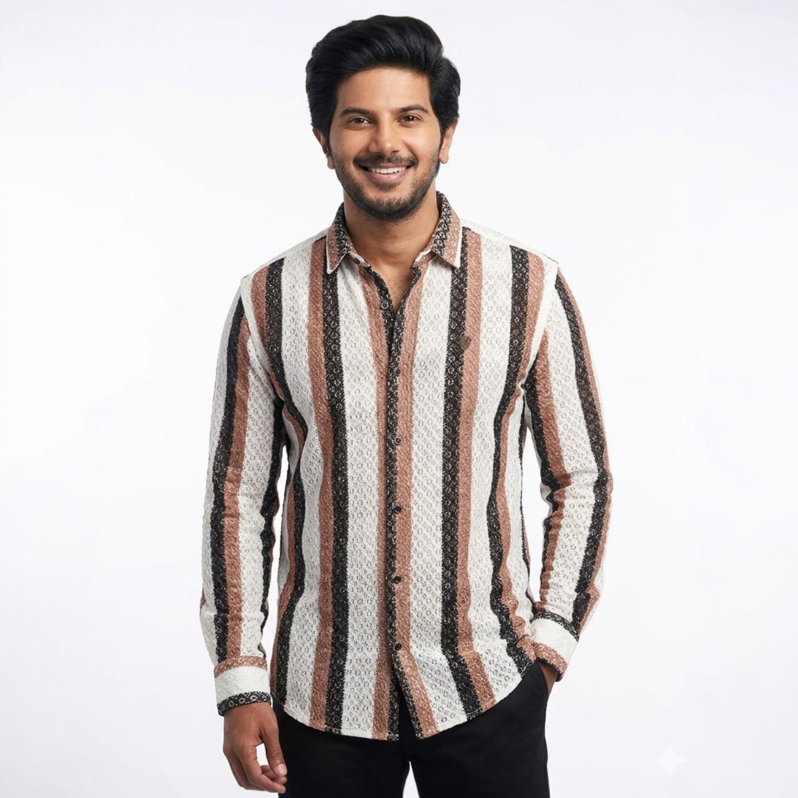 Shopia Men Relaxed Fit Spread Collar Vertical Stripped Casual Shirt