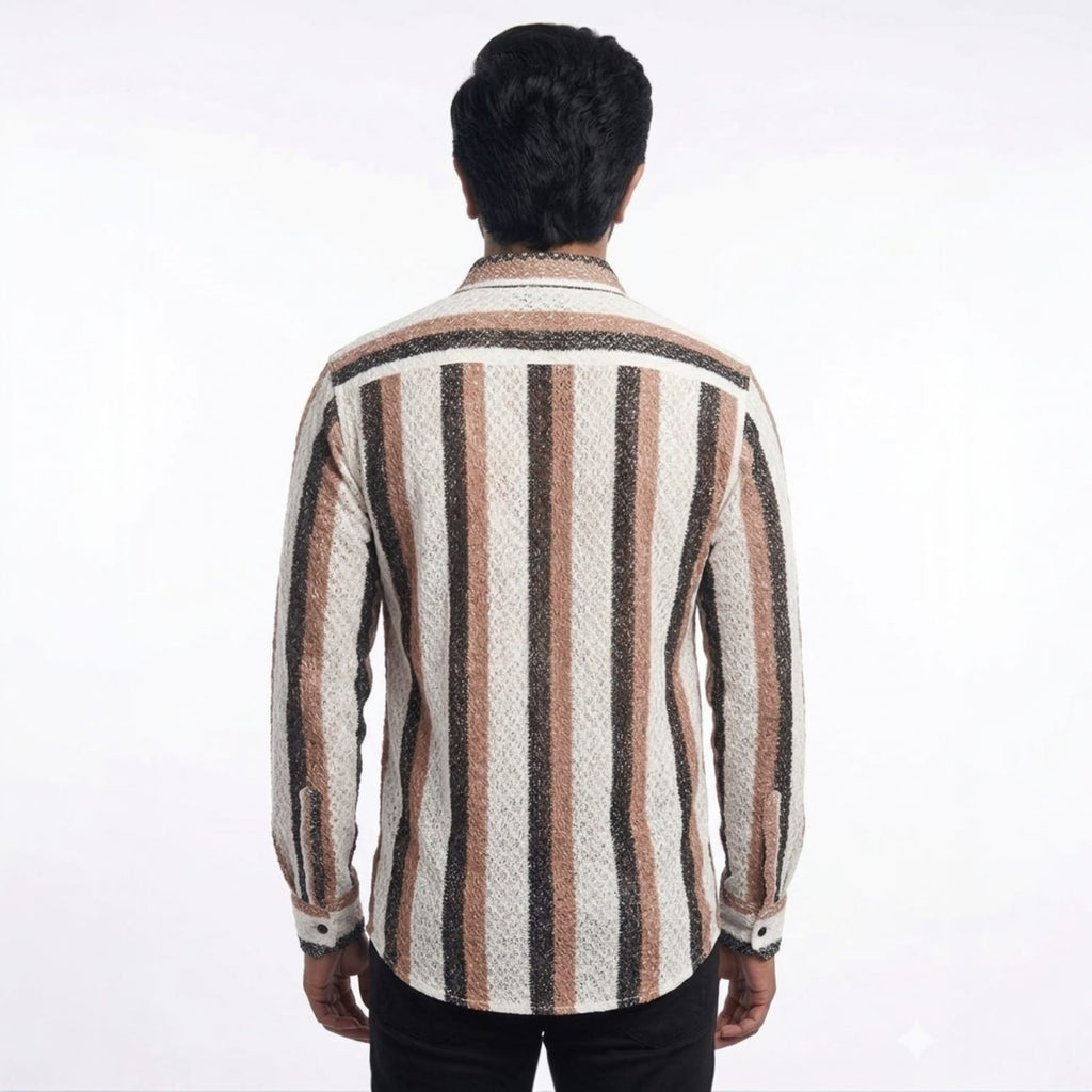 Shopia Men Relaxed Fit Spread Collar Vertical Stripped Casual Shirt