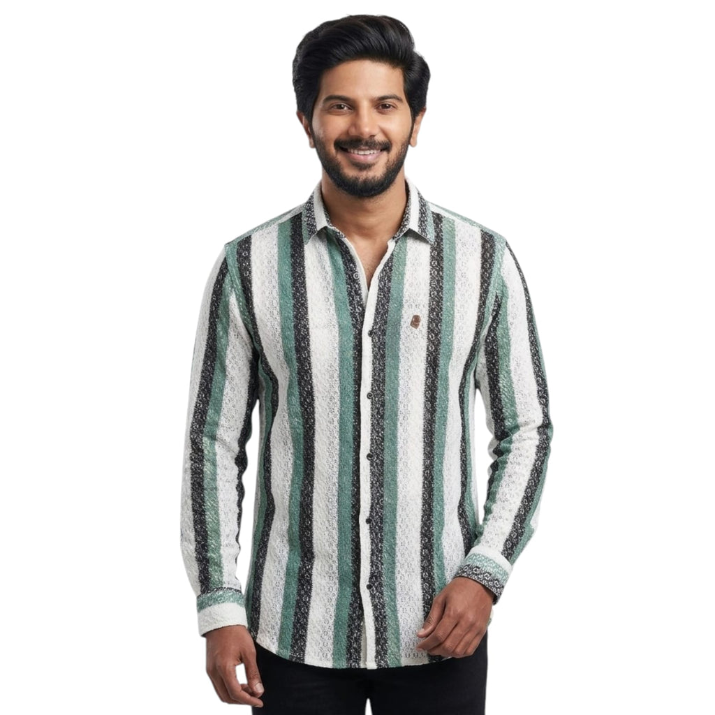 Shopia Men Relaxed Fit Spread Collar Vertical Stripped Casual Shirt