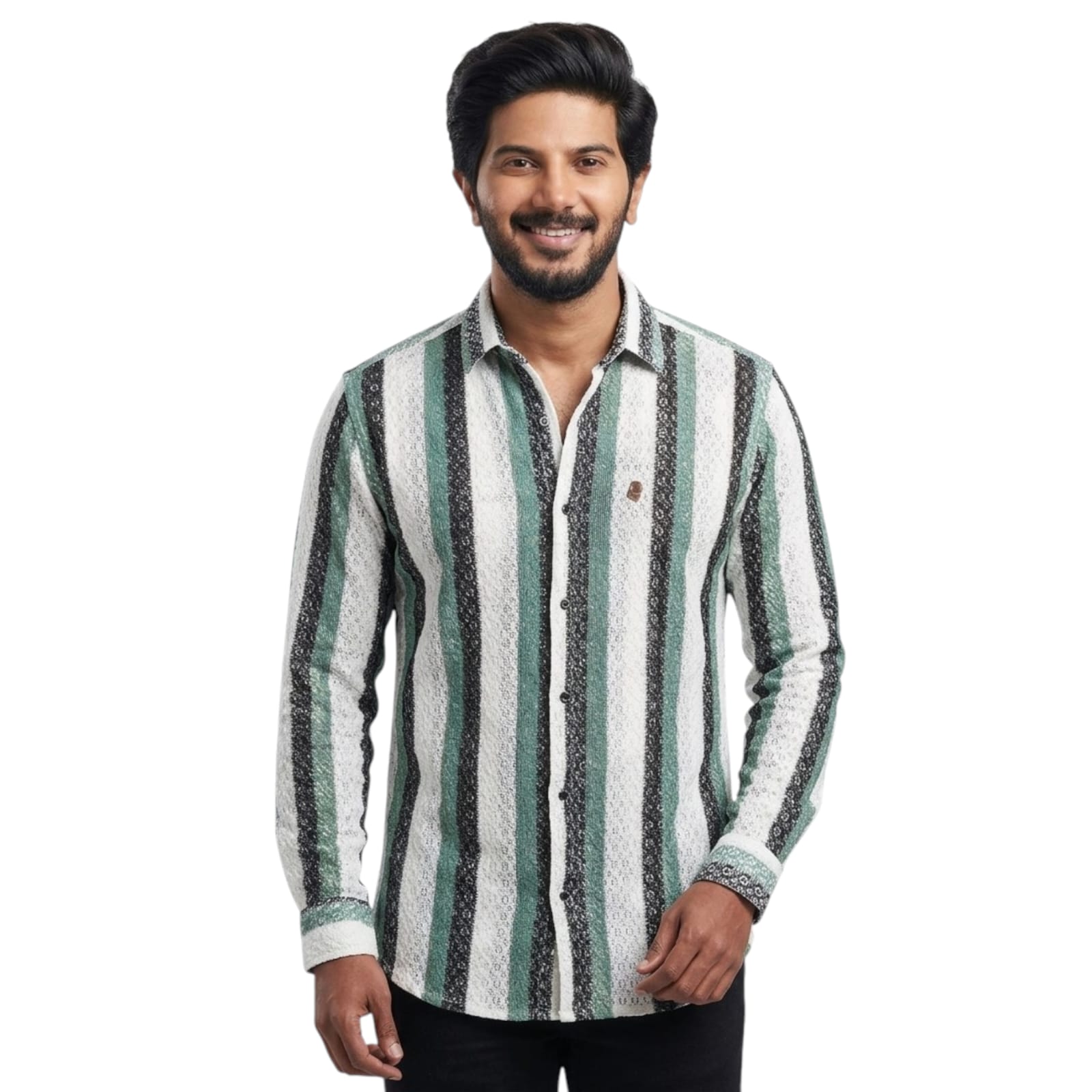 Shopia Men Relaxed Fit Spread Collar Vertical Stripped Casual Shirt