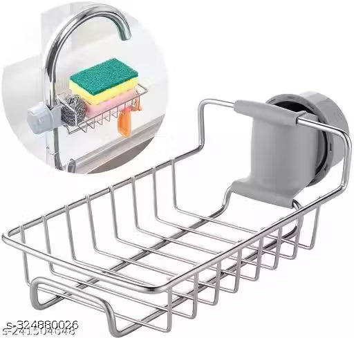 Kitchen Adjustable Sink Faucet Shelf Stainless Steel Drain Rack for Soap, Sponge, Clip Hanging Holder Dishcloth, Towel Rack, SILVER, 15 x 10 5 cm For Kitchen, Bathroom and Home