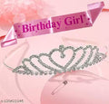 Birthday Sash & Crown Tiara Set - Birthday Girl Pink Satin Sash Ribbon and Diamond Studded Crown/Tiara Sash Birthday Gift for Girls Women