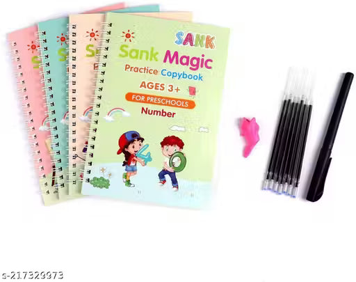 Shopia Magic Book (4 Book + 10 Refill + 1 Pen +1 Grip), Practice Copybook, Number Tracing Book for Preschoolers with Pen, Caligraphy early learning Set with Reusable Writing Refill