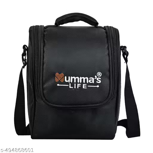 Mumma's LIFE Lunch Box with Steel Cutlery, 3 Microwave Safe Inner Steel Containers (250ml, 400ml, 600ml) Plastic Chutney Dabba 130ml, Steel Bottle 750ml with Insulated Bag, Office Tiffin, Black