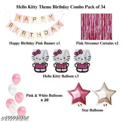 3,kitty birthday combo- 1 happy birthday banner, 3 kitty foil balloon, 2 pink reusable frill curtain, 1 silver star, 1 pink star, 10 pink balloon, 10 white balloon decoration
