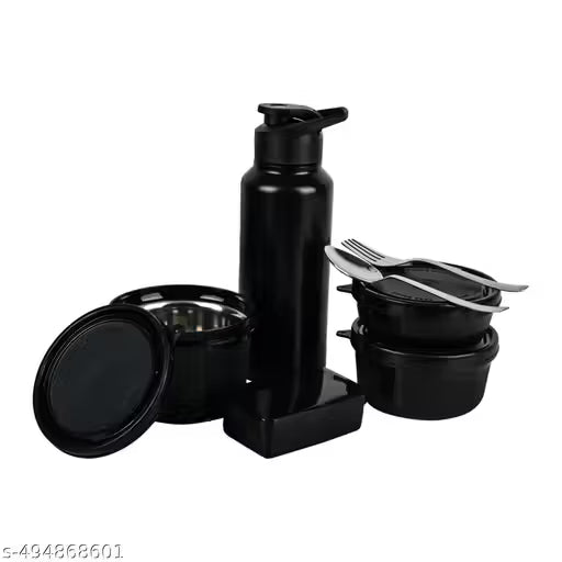 Mumma's LIFE Lunch Box with Steel Cutlery, 3 Microwave Safe Inner Steel Containers (250ml, 400ml, 600ml) Plastic Chutney Dabba 130ml, Steel Bottle 750ml with Insulated Bag, Office Tiffin, Black