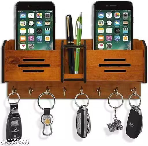 Visu Crafts Wooden Key And Mobile Holder Alphabet N Wood Key Holder (6 Hooks, Brown)