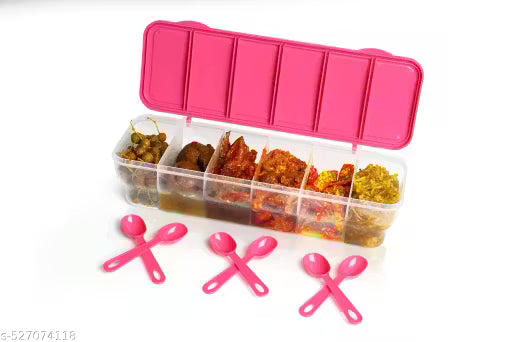 6-in-1 Masala Box for Kitchen, Airtight BPA-Free Plastic 6 Section Storage Container with 6 Spoons, 1800 ml Transparent Pickle Box for Spices, Dry Fruits, Snack (Pack of 1) (pink)