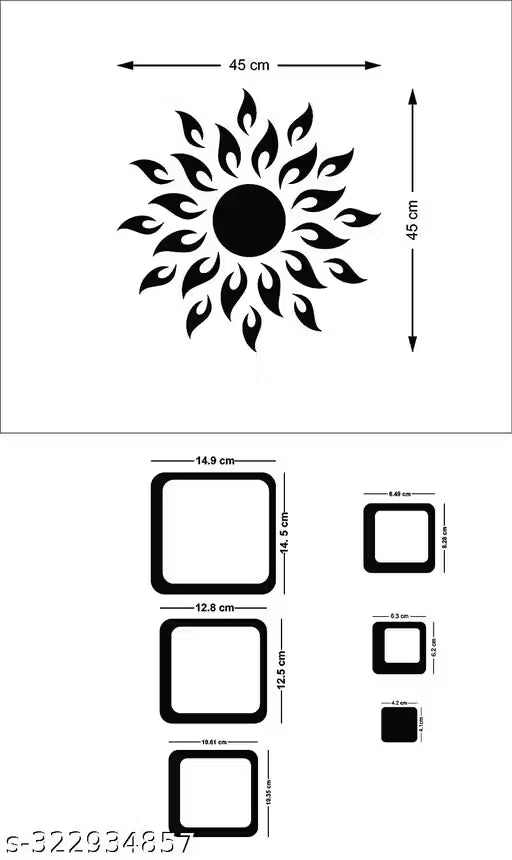 Sun with 12 Square Golden (Sun Size 45 cm x 45 cm) mirror stickers for wall, acrylic mirror wall decor sticker.