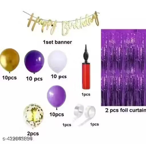 Golden Purple Balloon Happy Birthday Banner Decoration Kit With Pump (Set of 48)