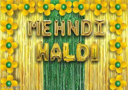 ART E CRAFT #BALLOON#Haldi And Mehandi ,Function Ceremony Decoration Pack of 44 items | Decoration Kit contains 1 Haldi and 1 Mehandi Foil Balloon, 30 Green and Yellow Balloons And 2 Golden and 1 Green Fringe Curtains