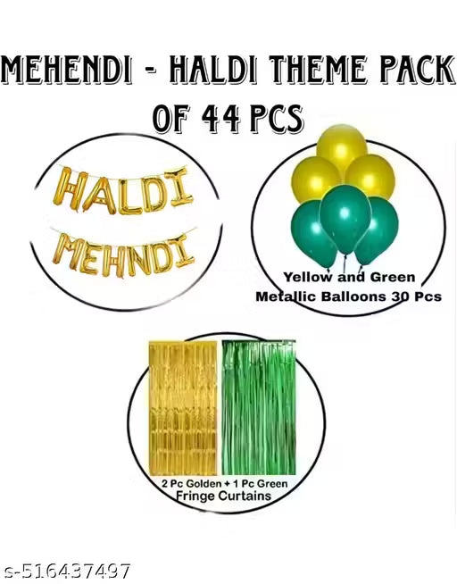 ART E CRAFT #BALLOON#Haldi And Mehandi ,Function Ceremony Decoration Pack of 44 items | Decoration Kit contains 1 Haldi and 1 Mehandi Foil Balloon, 30 Green and Yellow Balloons And 2 Golden and 1 Green Fringe Curtains