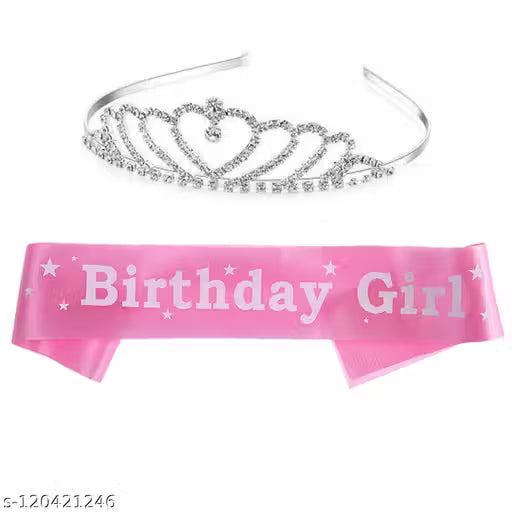 Birthday Sash & Crown Tiara Set - Birthday Girl Pink Satin Sash Ribbon and Diamond Studded Crown/Tiara Sash Birthday Gift for Girls Women