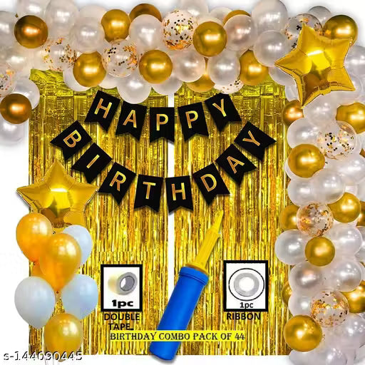 Happy Birthday Decoration-1 BANNER 2 STAR GOLD 30 BALLOON GOLD BLACK SILVER 1 ARCH 1 GLUE 1 RIBBON 1 PUMP