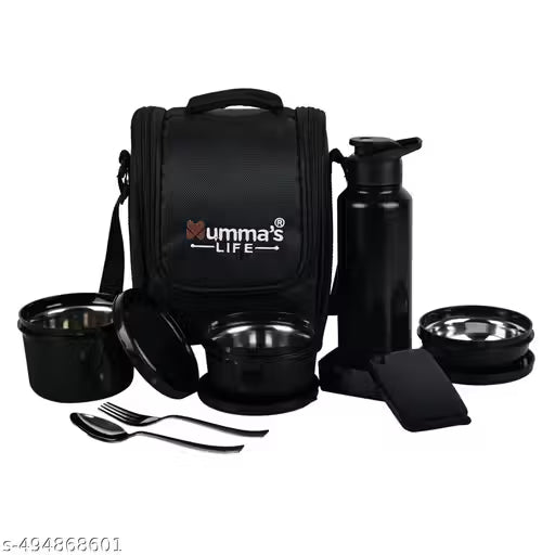 Mumma's LIFE Lunch Box with Steel Cutlery, 3 Microwave Safe Inner Steel Containers (250ml, 400ml, 600ml) Plastic Chutney Dabba 130ml, Steel Bottle 750ml with Insulated Bag, Office Tiffin, Black