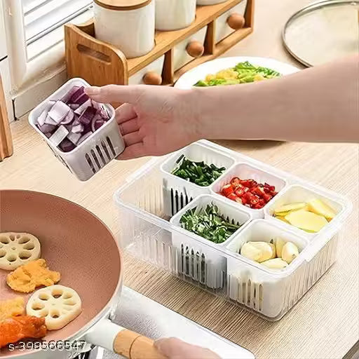 6 Grid Fridge Storage box with Lid and 6 Drain Compartment, Freezer Storage Box