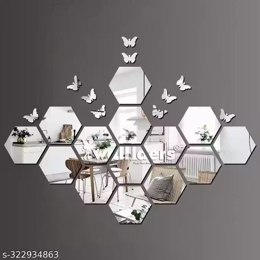 Hexagon 14 With 10 Butterflies Silver (12 cm x 10 cm Each Piece ), Mirror Stickers for Wall, Acrylic Mirror Wall Decor Sticker, Wall Mirror Stickers, Acrylic Stickers, Wall Stickers for Hall Room, Bed Room, Kitchen