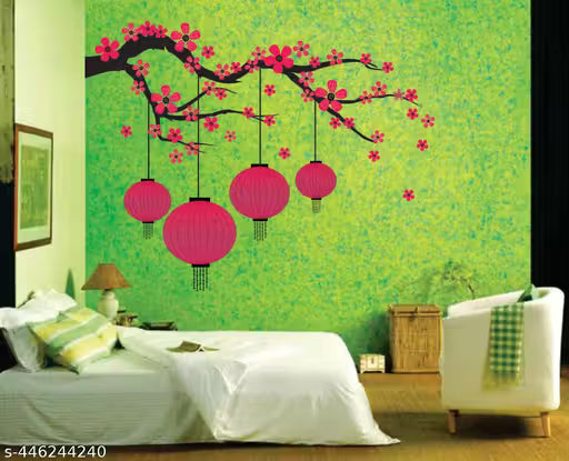 Decor Villa diwali special branches and Lamps flowers sticker big size wall sticker for Home Office etc