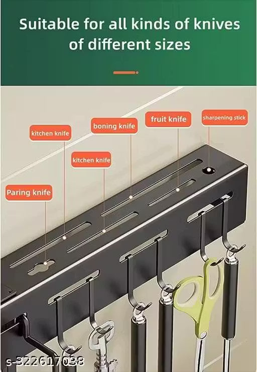 WE CLEVER Kitchen Shelf ADVANCED NON RUST STAINLESS STEEL ALLOY Wall Mount Knife Holder ,Towel Hanger , Spatula Ladle Hanging Hooks , Cutlery Holder Storage Rack High Grade Metal Multi-Purpose (40 x 5.5 x 7cm)