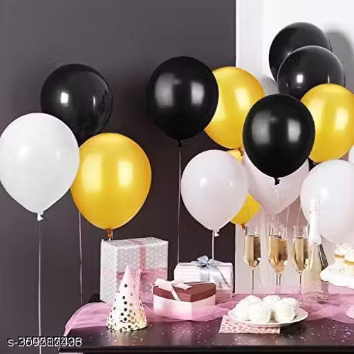 appy Birthday Combo Kit with Happy Birthday Black Banner + 2 Golden Curtain + Golden Black And White Hd Metallic Balloon Pack Of 20 + And Megic Candle+Ribben+Pump Free For Decoration Item