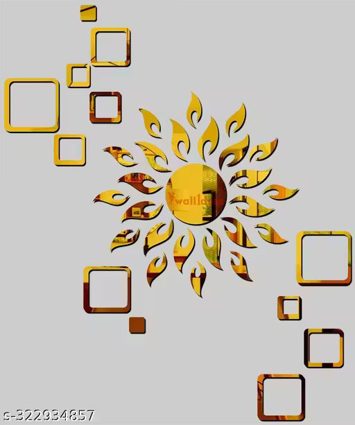 Sun with 12 Square Golden (Sun Size 45 cm x 45 cm) mirror stickers for wall, acrylic mirror wall decor sticker.