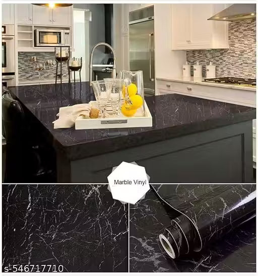 Marble Aluminum Foil Kitchen Stickers Oil-Proof Waterproof Self Adhesive Wallpaper PVC Bathroom Wall Stickers Contact Paper Marble Autumn Black Marble (60CM X 200CM)(PACK OF 2)
