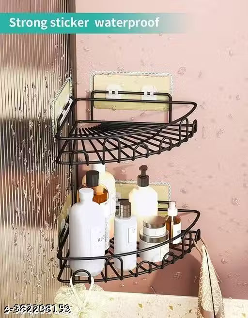 (Pack Of 2) Self-Adhesive Metal Kitchen and Bathroom Corner Rack Storage Shelves Shelf Organizer Storage Stainless Steel Wall Shelf Corner-Black Bath Shelves