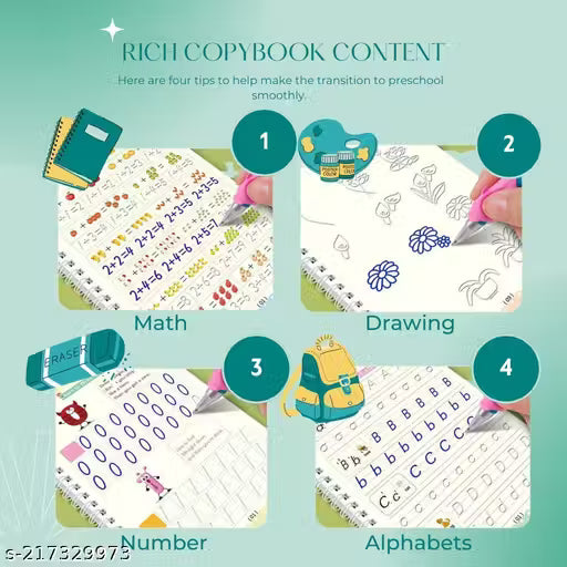 Shopia Magic Book (4 Book + 10 Refill + 1 Pen +1 Grip), Practice Copybook, Number Tracing Book for Preschoolers with Pen, Caligraphy early learning Set with Reusable Writing Refill