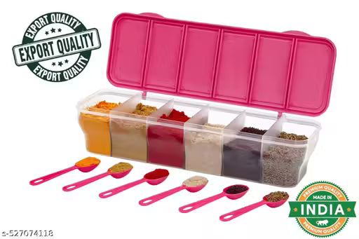 6-in-1 Masala Box for Kitchen, Airtight BPA-Free Plastic 6 Section Storage Container with 6 Spoons, 1800 ml Transparent Pickle Box for Spices, Dry Fruits, Snack (Pack of 1) (pink)