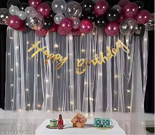 White Net Curtain Decoration With Burgandy Balloons, Led Light For Birthday Decoration, Backdrop Items, Party Items