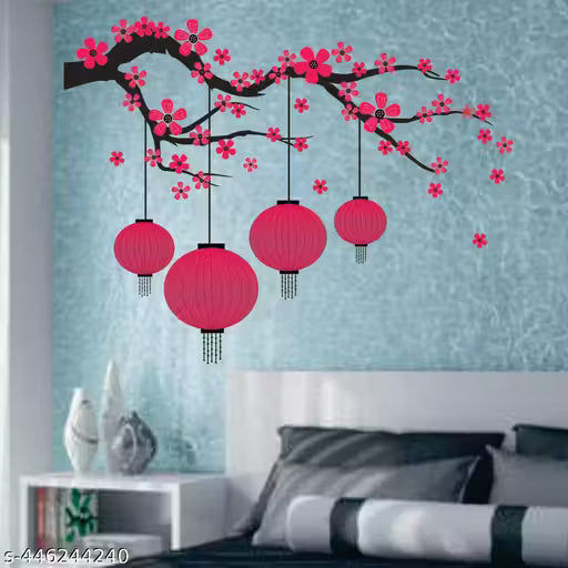 Decor Villa diwali special branches and Lamps flowers sticker big size wall sticker for Home Office etc